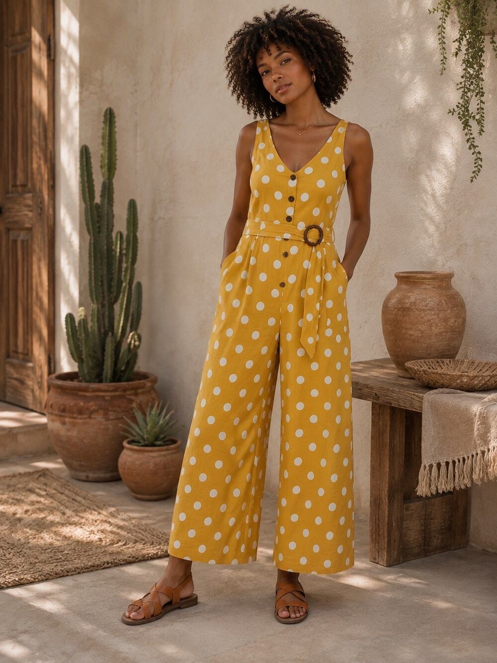 Monteau Los Angeles Mustard Yellow Polka Dot Wide-Leg Jumpsuit with Belt Medium